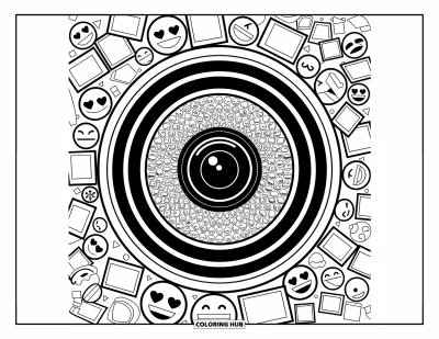 Coloriage d'emojis pour adultes : De minuscules figurines d'emojis créent des reflets et des cadres complexes autour d'un immense objectif d'appareil photo