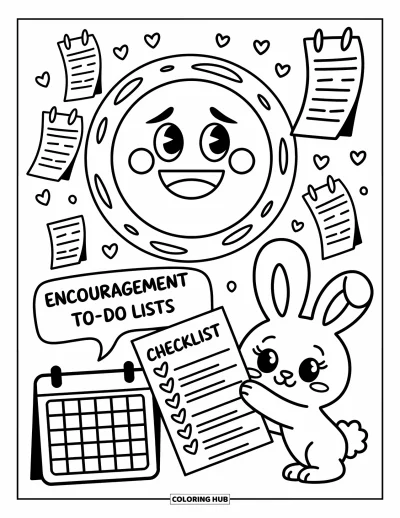 Coloriage d'emojis pour adultes : Des listes de tâches voltigent autour d'une bulle pendant qu'un gentil lapin offre son soutien en dessous