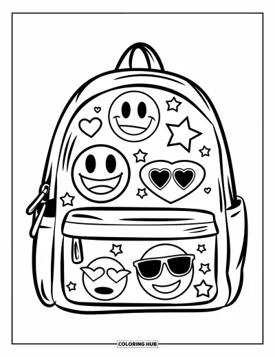 Coloriage d'emojis pour enfants : Un sac à dos avec des écussons d'emojis comme des cœurs et des étoiles est bien en évidence, prêt pour l'aventure