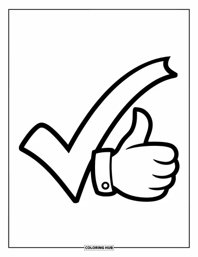 Coloriage d'emojis pour enfants : Un grand emoji pouce en l'air est posé à côté d'une coche bien nette sur une page blanche épurée