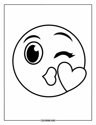 Coloriage d'emojis pour enfants : Un emoji qui envoie un bisou laisse flotter doucement un cœur à côté de lui