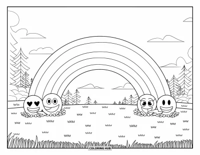 Coloriage d'emojis pour enfants : Un arc-en-ciel imposant s'étire au-dessus de l'herbe et de la forêt avec des emojis alignés sur chaque bande colorée