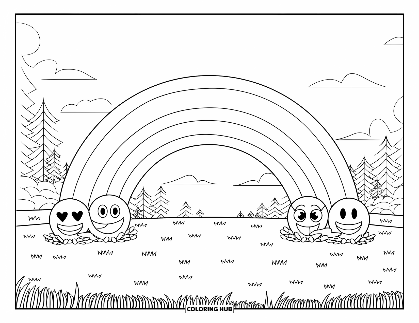 Emoji Coloring Page for Kids: A bold rainbow arches over grass and forest with emojis lined along each stripe