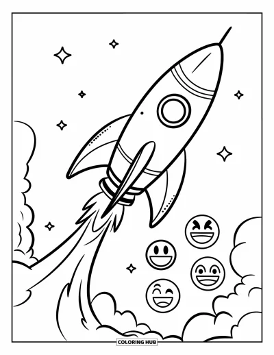 Coloriage d'emojis pour enfants : Une fusée imposante s'élance vers le ciel tandis que des emojis joyeux l'acclament sous un ciel étoilé