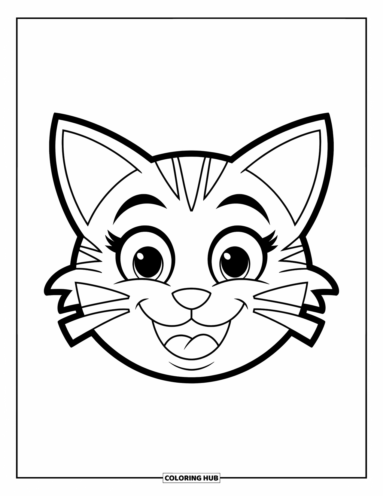 Emoji Coloring Page for Kids: A cat emoji with wide eyes and perky ears smiles playfully