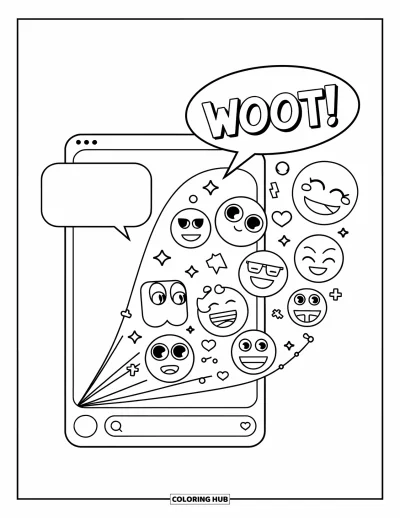 Coloriage d'emojis pour enfants : Une application de chat envoie des emojis dans les airs avec une bulle « woot ! » au-dessus