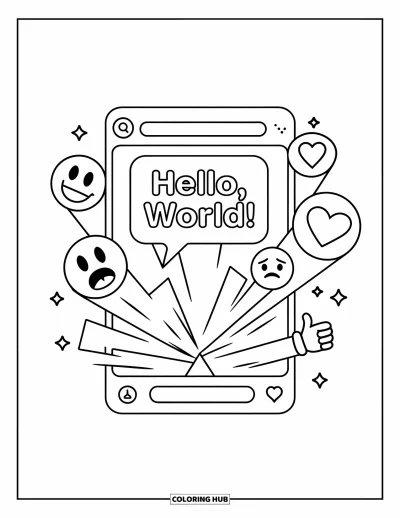 Coloriage d'emojis pour enfants : Une fenêtre de chat envoie des emojis souriants et des pouces en l'air avec une bulle « Hello, World ! »