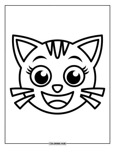 Coloriage d'emojis pour enfants : Un joyeux emoji chat avec des oreilles triangulaires et de grands yeux sourit de toutes ses dents
