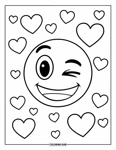 Coloriage d'emojis pour enfants : Un emoji joyeux fait un clin d'œil pendant que de petits cœurs flottent doucement à côté