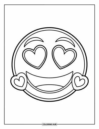 Coloriage d'emojis pour enfants : Un joyeux emoji aux yeux en cœur et aux oreilles rondes sourit avec bonheur