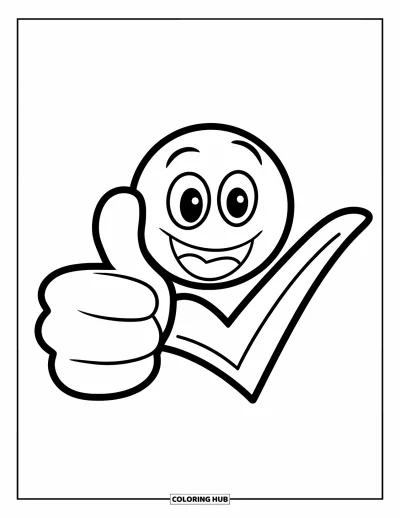 Coloriage d'emojis pour enfants : Un joyeux emoji pouce en l'air apparaît à côté d'une coche sur un fond blanc épuré