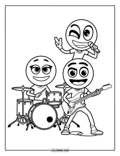 Coloriage d'emojis pour enfants : Un groupe de rock d'emojis s'éclate avec batterie, guitare et micro sous des traits gras