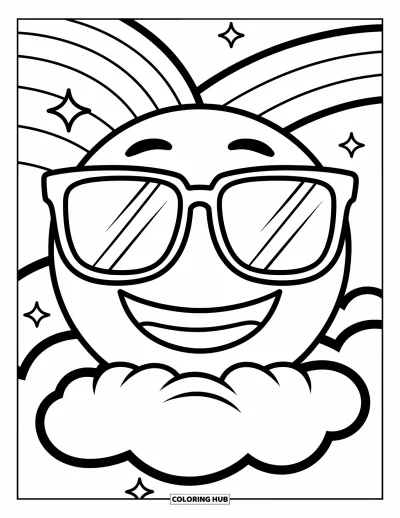 Coloriage d'emojis pour enfants : Un emoji stylé avec de grandes lunettes de soleil sourit assis sur un nuage sous un arc-en-ciel