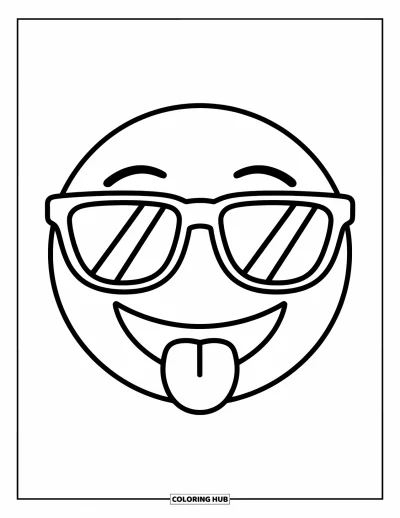 Coloriage d'emojis pour enfants : Un emoji stylé avec des lunettes de soleil et la langue tirée affiche un sourire malicieux