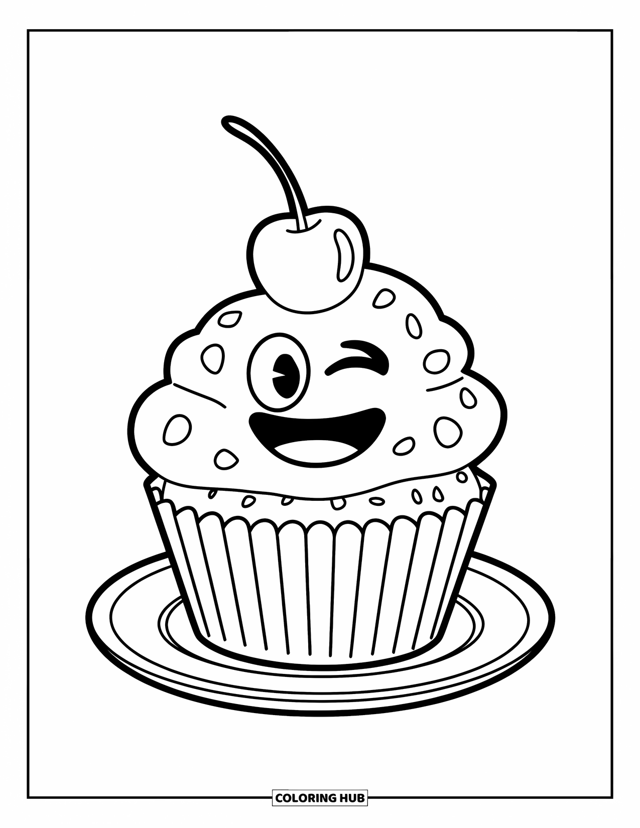 Emoji Coloring Page for Kids: A cupcake with a cheeky emoji face and cherry on top waits on a plate