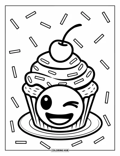 Coloriage d'emojis pour enfants : Un cupcake avec un emoji qui fait un clin d'œil et une cerise repose sur une assiette parsemée de vermicelles