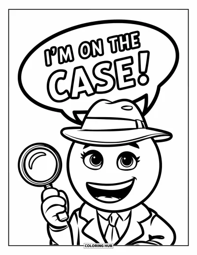 Coloriage d'emojis pour enfants : Un emoji détective en costume déclare « I'm on the case ! » avec une loupe à la main