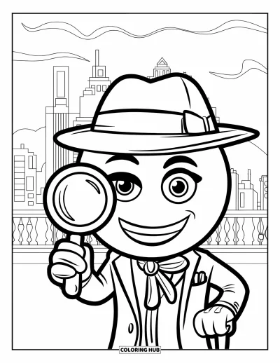 Coloriage d'emojis pour enfants : Un emoji détective avec chapeau et canne examine la silhouette de la ville à travers une loupe