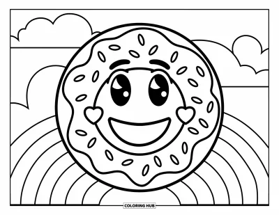 Coloriage d'emojis pour enfants : Un beignet avec un visage d'emoji souriant flotte sous des nuages et un arc-en-ciel