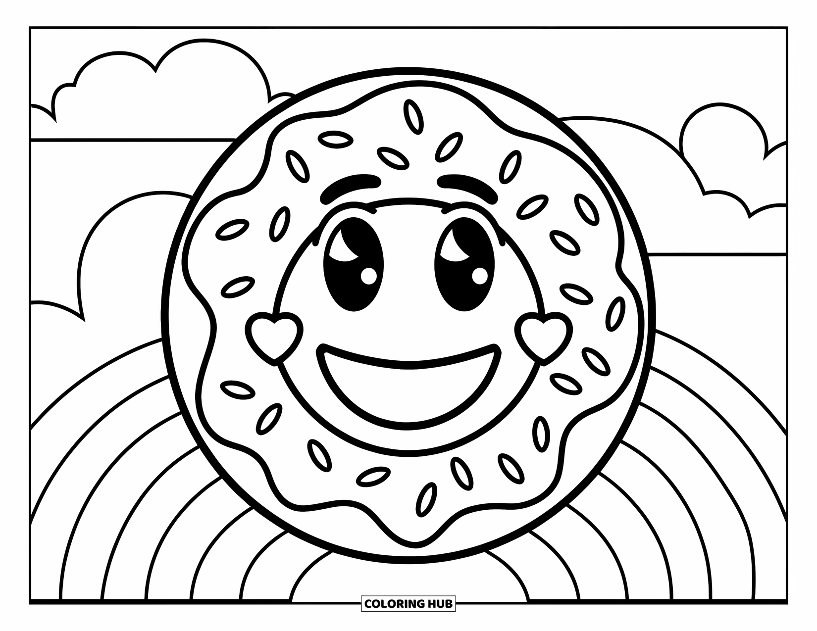 Emoji Coloring Page for Kids: A donut with a smiling emoji face floats beneath clouds and a rainbow