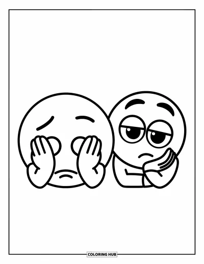 Coloriage d'emojis pour enfants : Un emoji main sur le visage se cache les yeux tandis que l'emoji pensif lève le regard d'un air réfléchi