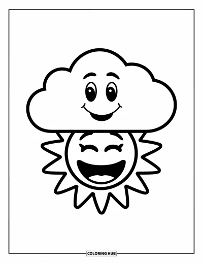 Coloriage d'emojis pour enfants : Un nuage sympathique dérive au-dessus d'un emoji soleil rayonnant sur un fond blanc net