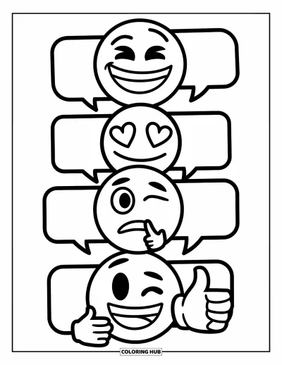 Coloriage d'emojis pour enfants : Une chaîne d'emojis amusante montre des sourires, des clins d'œil, des cœurs et un pouce en l'air dans des bulles