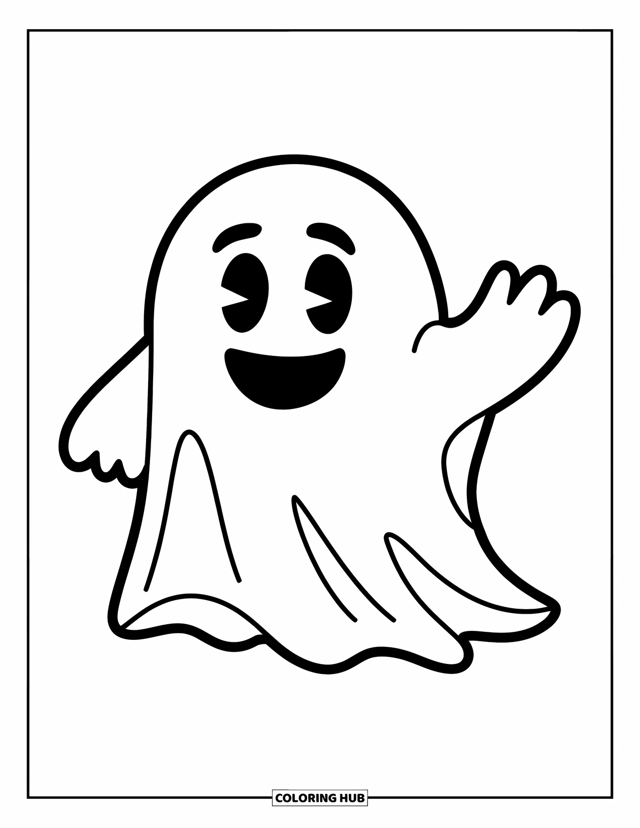 Emoji Coloring Page for Kids: A ghost emoji waves with a big smile and simple, friendly expression