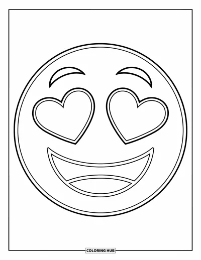 Coloriage d'emojis pour enfants : Un visage d'emoji joyeux rayonne avec des yeux en cœur et un grand sourire