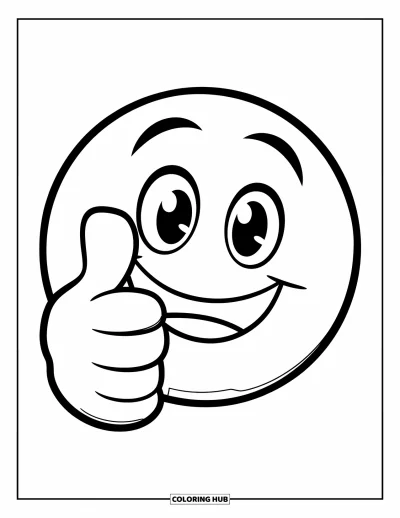 Coloriage d'emojis pour enfants : Un emoji joyeux fait un pouce en l'air avec un visage content et une main bien ronde