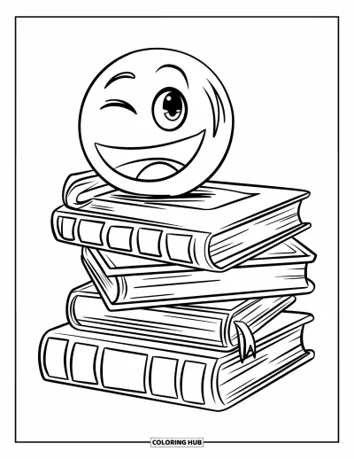 Coloriage d'emojis pour enfants : Un emoji joyeux pointe le bout du nez d'une pile de livres sur une page aux contours nets et gras