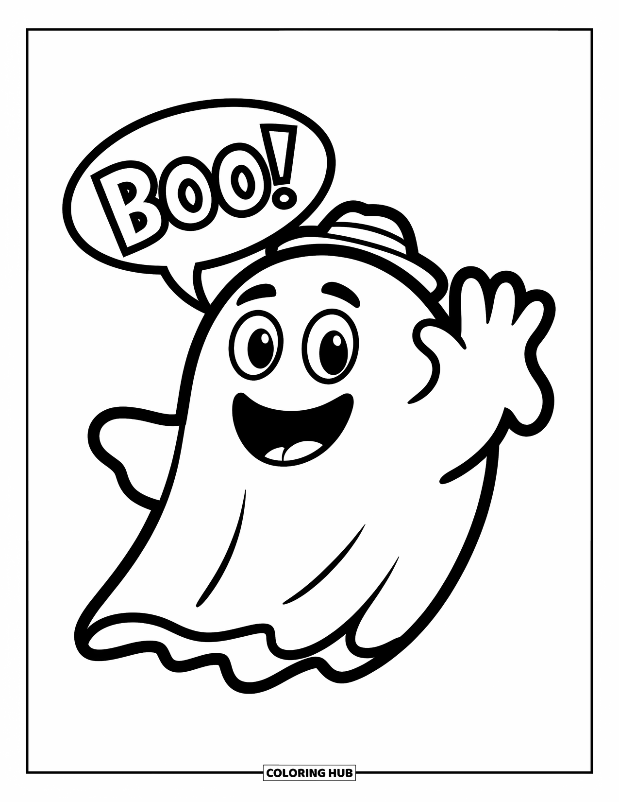 Emoji Coloring Page for Kids: A happy ghost emoji in a hat waves and says "Boo!" in a speech bubble