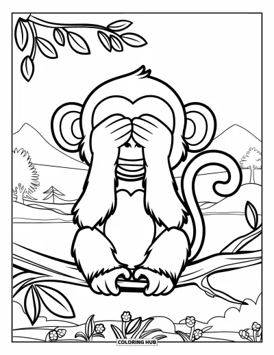 Coloriage d'emojis pour enfants : Un emoji singe joyeux se cache les yeux sur une branche parmi des feuilles et des fleurs