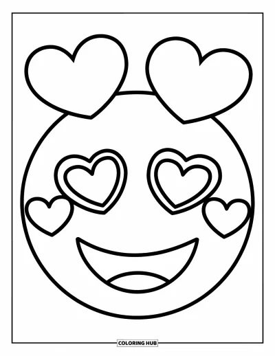 Coloriage d'emojis pour enfants : Un emoji aux yeux en cœur sourit avec éclat avec des cœurs flottant au-dessus de son visage heureux