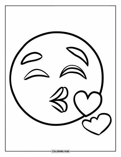 Coloriage d'emojis pour enfants : Un emoji bisou avec un cœur flottant ajoute une petite touche toute douce