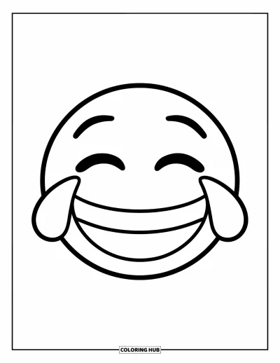 Coloriage d'emojis pour enfants : Un emoji rieur sourit avec des larmes de joie qui coulent de chaque côté
