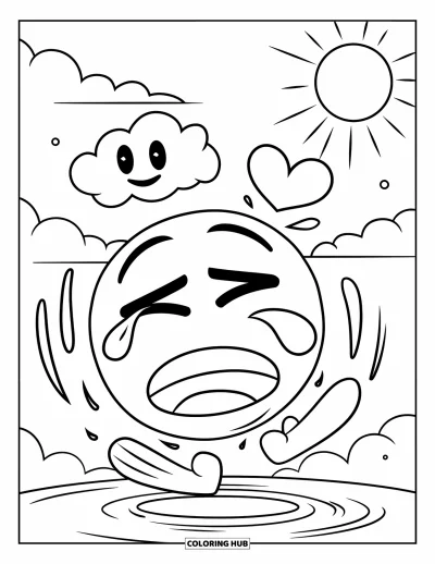 Coloriage d'emojis pour enfants : Un emoji rieur avec une larme et un cœur au-dessus de la tête tombe à travers des nuages moelleux
