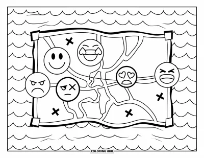 Coloriage d'emojis pour enfants : Une carte sur les vagues montre des émotions d'emojis et des X qui marquent le chemin