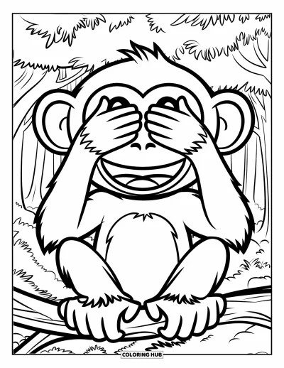 Coloriage d'emojis pour enfants : Un emoji singe se cache les yeux en souriant sur une branche dans la forêt