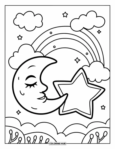 Coloriage d'emojis pour enfants : Un emoji lune dort près d'une étoile, avec des nuages, un arc-en-ciel et de douces branches à proximité