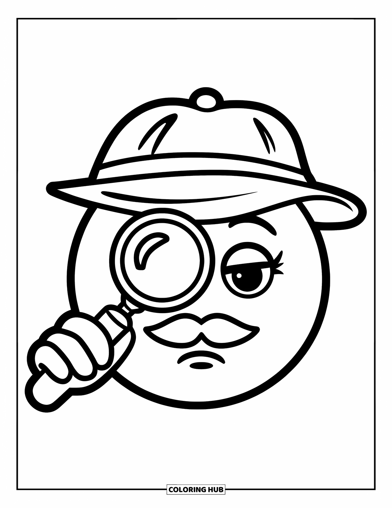 Emoji Coloring Page for Kids: A mustached detective emoji peers through a magnifying glass with a curious look