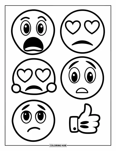 Coloriage d'emojis pour enfants : Un panneau d'emojis montre des réactions allant de la surprise aux cœurs et aux pouces en l'air