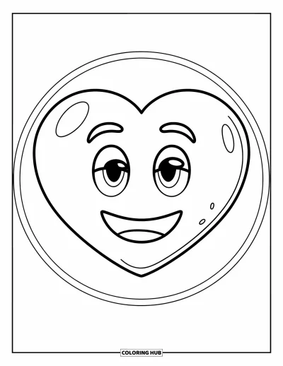 Coloriage d'emojis pour enfants : Un emoji cœur paisible sourit doucement à l'intérieur d'un joli cadre circulaire