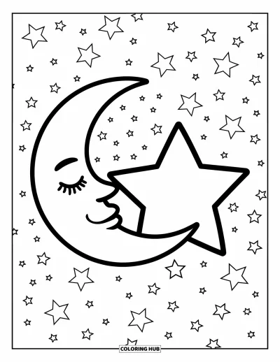 Coloriage d'emojis pour enfants : Une lune paisible dort à côté d'une étoile dans un ciel parsemé d'étoiles scintillantes
