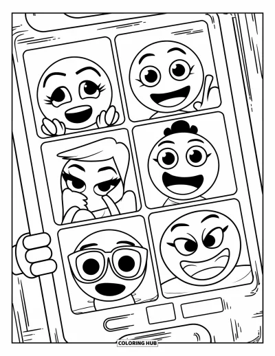 Coloriage d'emojis pour enfants : Une bande de photomaton montre cinq emojis expressifs qui prennent de drôles de selfies