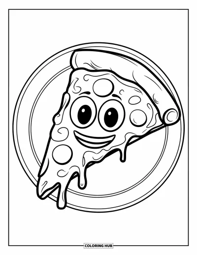 Coloriage d'emojis pour enfants : Une part de pizza aux grands yeux et au doux sourire repose tranquillement sur une assiette