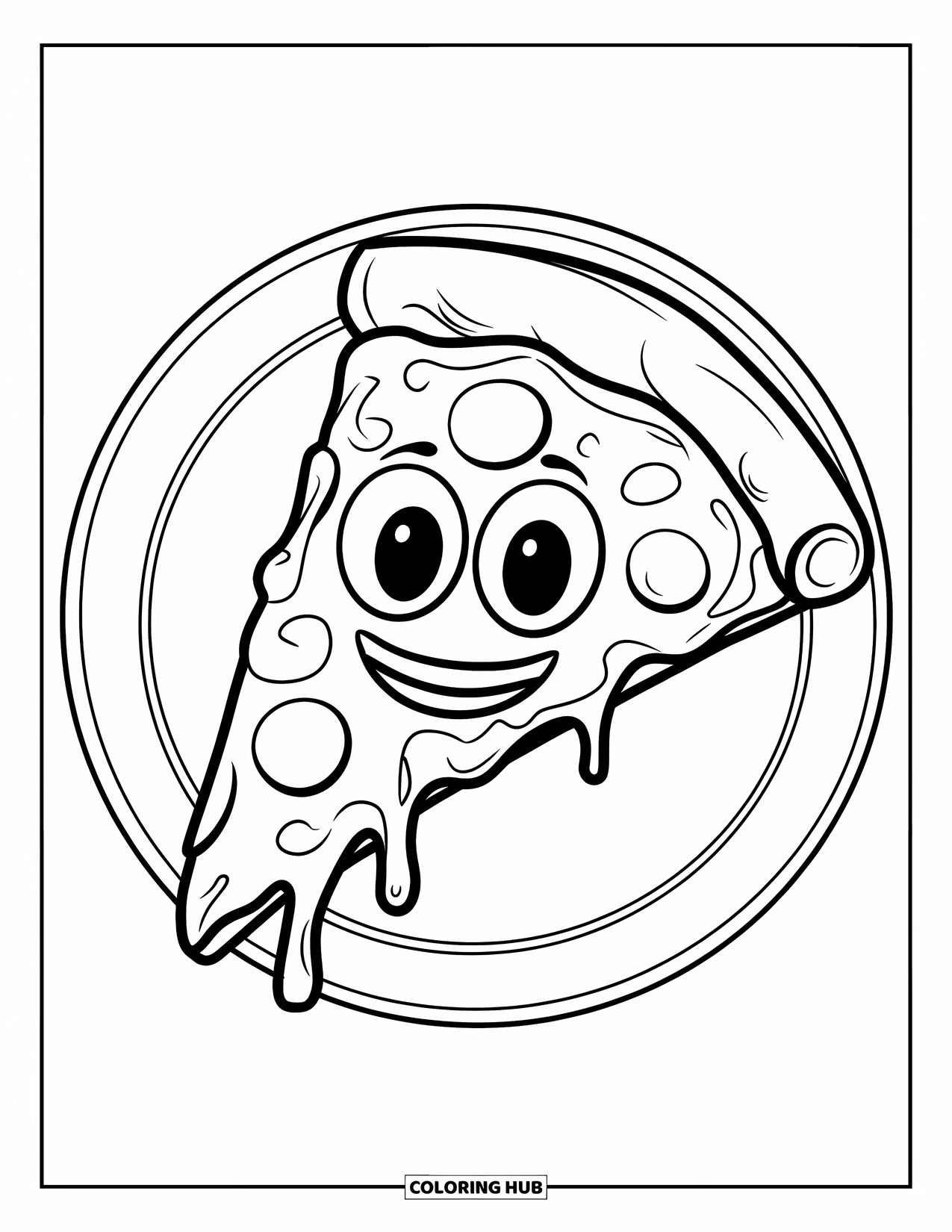 Emoji Coloring Page for Kids: A pizza slice with big eyes and a soft smile rests quietly on a plate