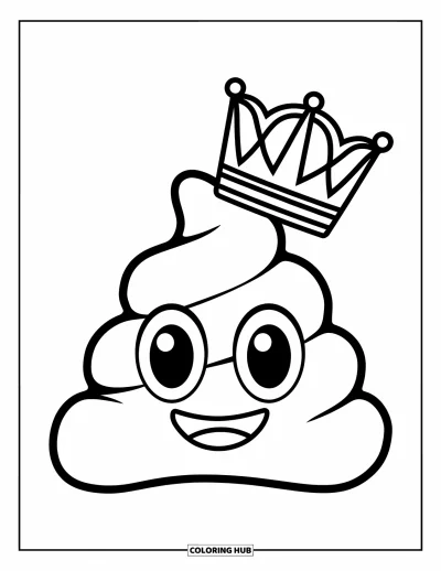 Coloriage d'emojis pour enfants : Un emoji crotte porte une couronne et sourit fièrement avec une allure royale