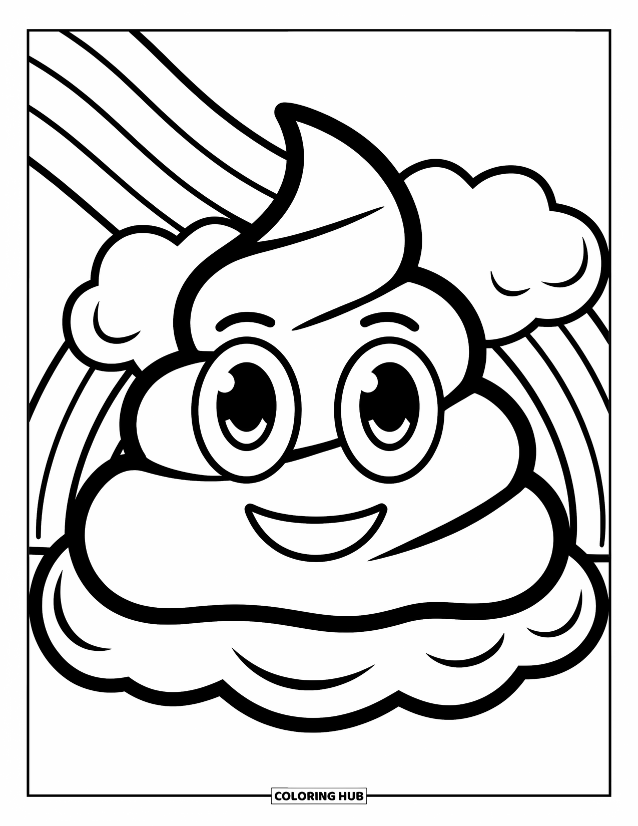 Emoji Coloring Page for Kids: A poop emoji with a happy face rests on a cloud beneath a rainbow
