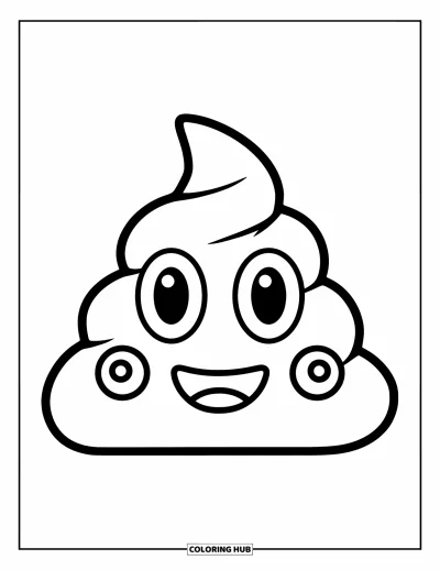 Coloriage d'emojis pour enfants : Un emoji crotte aux grands yeux et à la moustache en spirale sourit d'un air espiègle